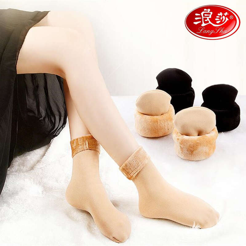浪莎雪地袜光腿露脚踝神器短袜肉色加厚长袜子女中筒加绒潮3双高清大图