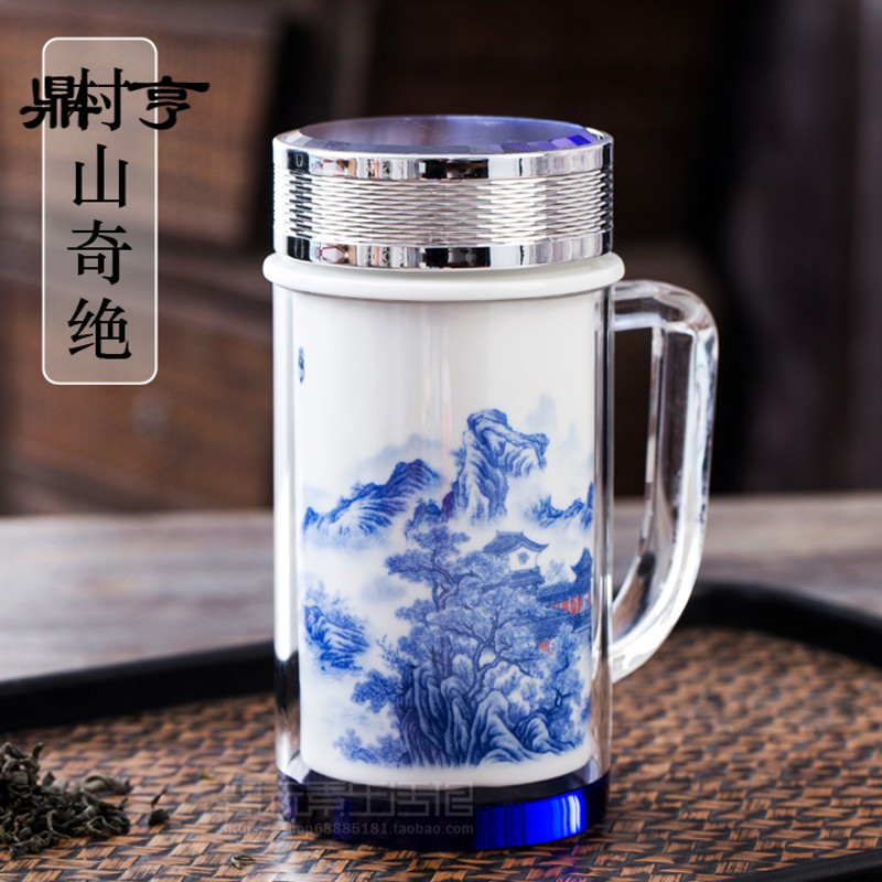 鼎亨陶瓷手绘青花水杯双层保温杯办公杯便携杯泡茶杯带把手礼品
