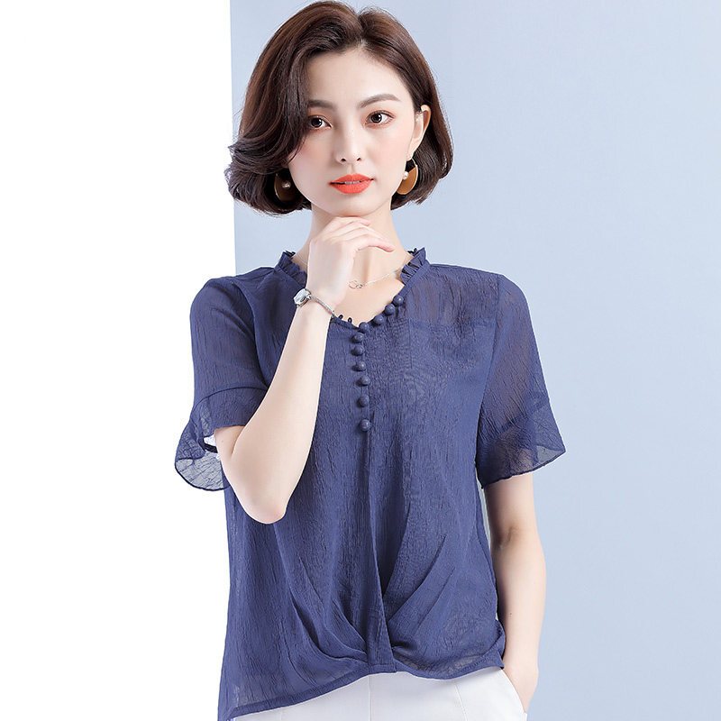 雪纺衫短袖女夏宽松遮肚子显瘦上衣2018新款气质甜美洋气小衫超仙