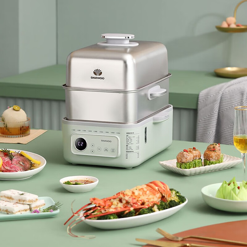 大宇(DAEWOO) 1500W双层容量14.5L可拆卸多功能电蒸锅 莫兰迪绿 DYZG-1568
