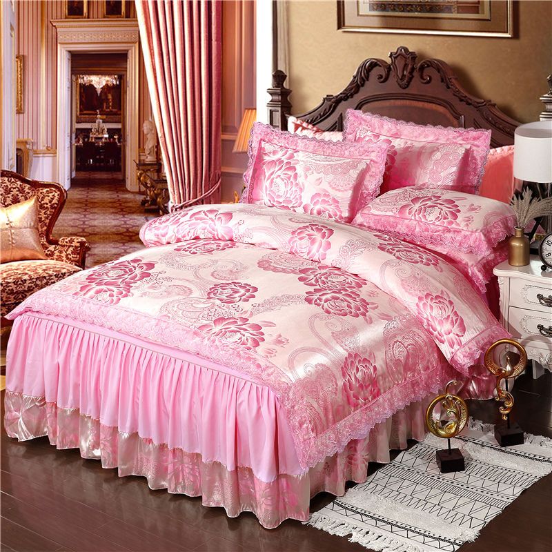 新款欧式提花床裙四件套婚庆蕾丝被套床单双人15m18米床上用品