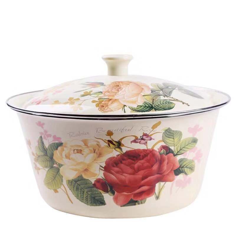 带盖搪瓷盆怀旧老式家用厨房加厚装猪油盆饺子调味盆老式和面盆 精品加高加厚 16厘米[碗面直径] 搪瓷盆[玫瑰之约]+搪瓷