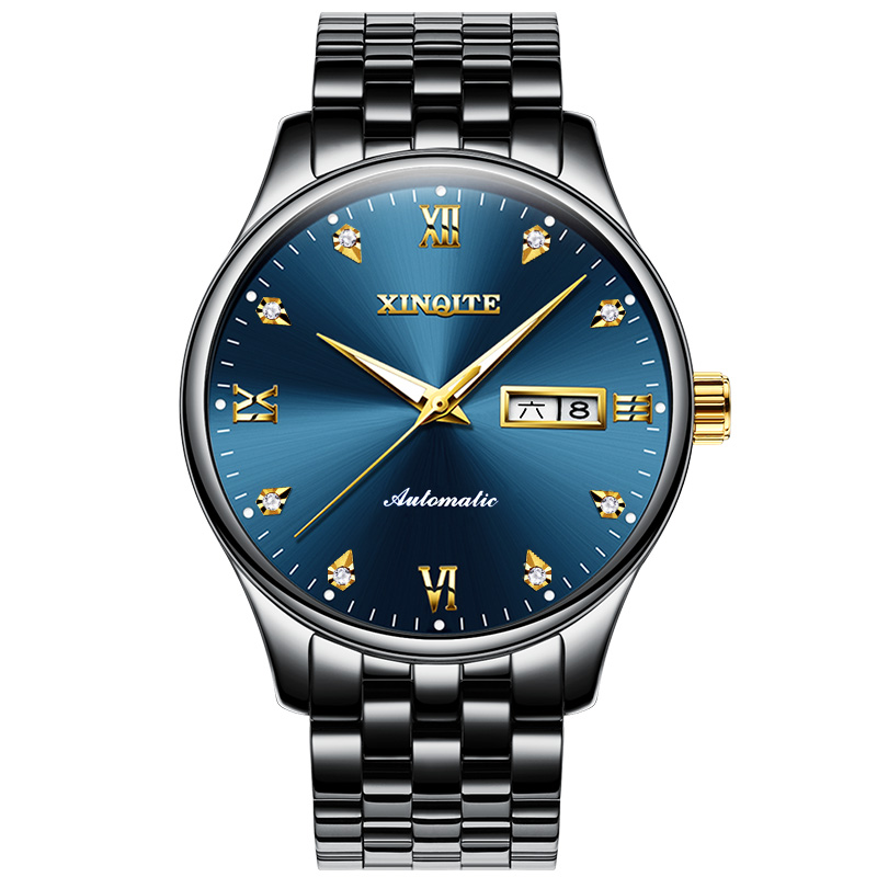 正品新奇特手表男士薄自动机械表防水夜光时尚商务新款国产品牌男表 X-27 黑钢蓝面