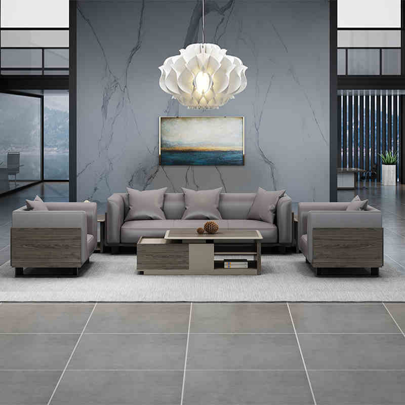 质凡办公家具商务办公沙发简约现代接待室会客皮沙发茶几组合套装 1+1+3+1个长茶几+2个方茶几