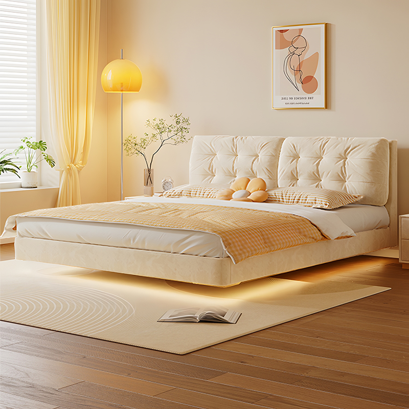 欧梵森北欧奶油风悬浮床布艺双人床现代简约主卧室云朵软包床婚床高档感应灯床