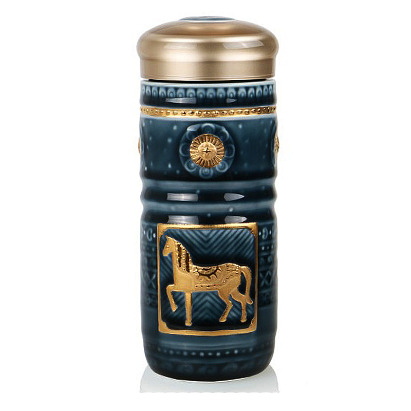 乾唐轩 活瓷杯皇家骏马双层随身杯便携陶瓷杯子大容量水杯蓝+金高清大图