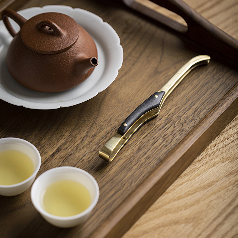 領藝 优选紫光檀木铜制茶夹茶杯夹子功夫茶具六君子茶道配件之一 紫光檀铜茶夹