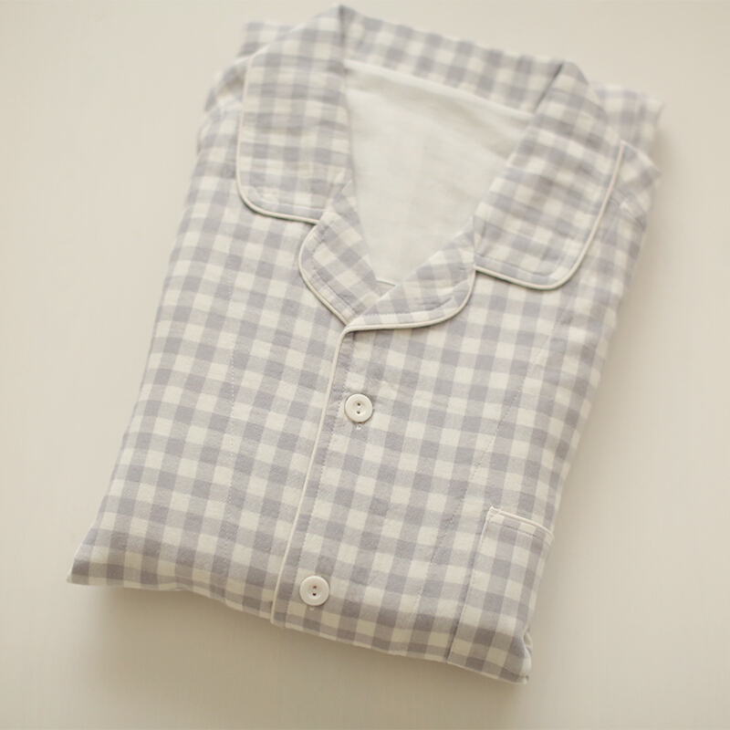 波迷娜(BOMINA)情侣睡衣套装秋季长袖日系格子薄款纱布男女宽松大码服夏