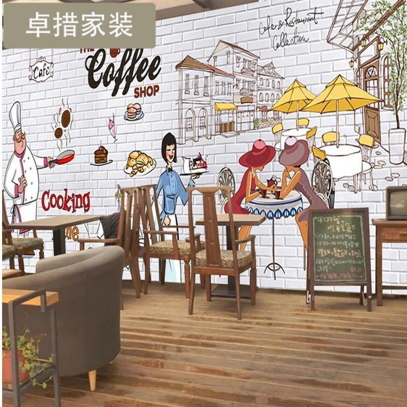 大型手绘欧美咖啡店西餐厅工装背景墙纸复古怀旧壁纸蛋糕涂鸦壁画壹德壹