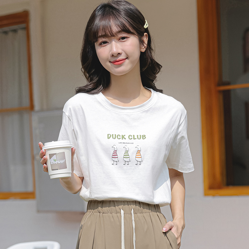 2022夏季油画图案T恤女短袖宽松显瘦学院风纯棉上衣女