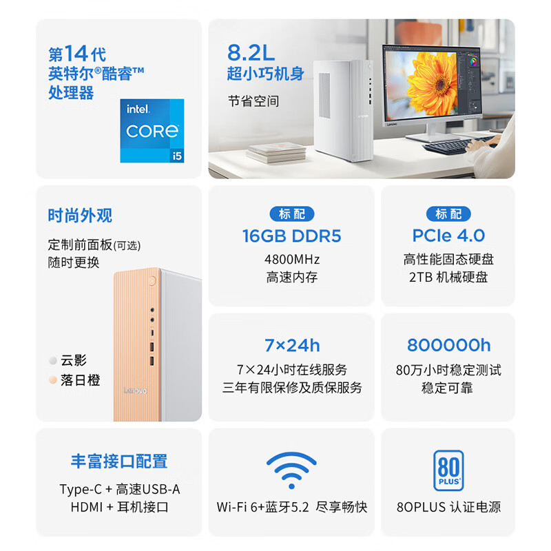 联想(Lenovo)天逸510s尊享版 台式机电脑整机(14代i5-14400 16G DDR5 2TB HDD+512G SSD wifi6 Win11)21.45英寸 办公学习高清大图