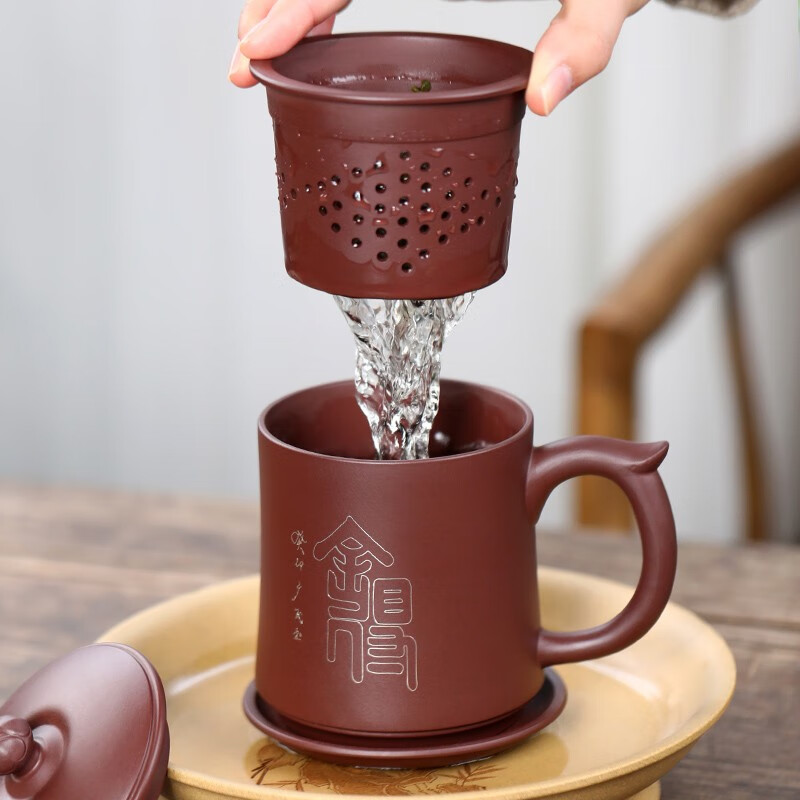 金镶玉 舍得金镶玉嵌银莲花杯 银丝镶嵌紫砂杯 家用泡茶杯茶具 400ml高清大图