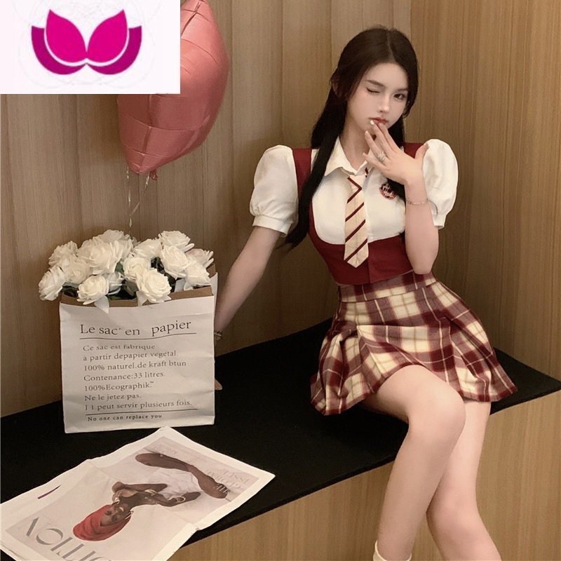 七斓甜辣学院风jk套装女夏季新款短袖假衬衣高腰百褶半身裙套
