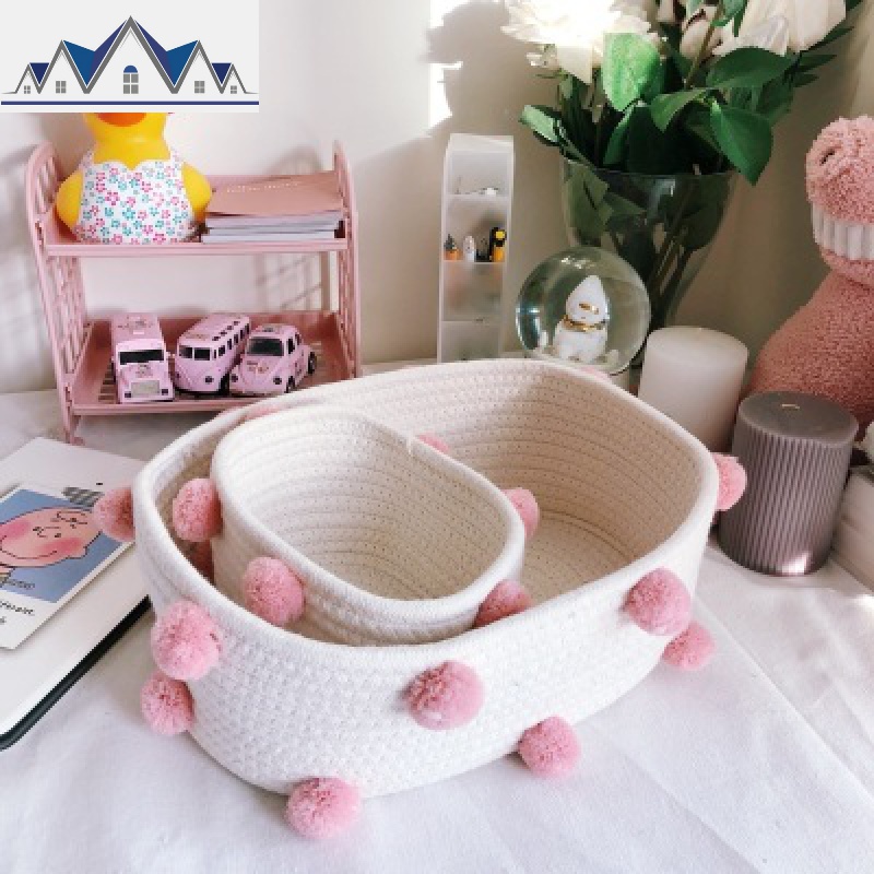 ins棉线编织收纳篮毛球简约拼接布艺收纳筐客厅桌面钥匙整理收纳 三维工匠 粉毛球一大一小优惠组合