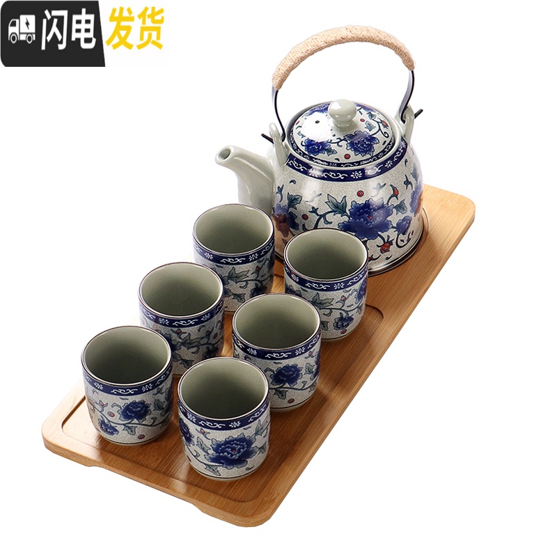 三维工匠景德镇陶瓷茶壶大号青花瓷提梁壶过滤家用泡茶套装凉水壶茶具 木桩壶配6只80高脚杯(新品推荐)高清大图