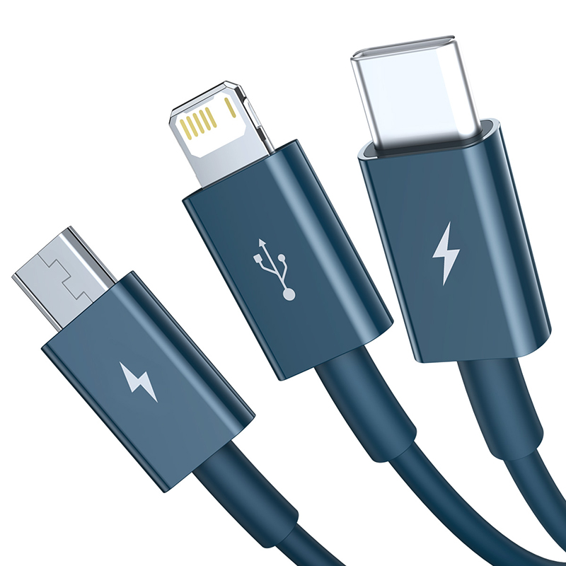 倍思 优胜系列 一拖三快充数据线 USB to M+L+C 3.5A规格:1.5m 蓝色高清大图