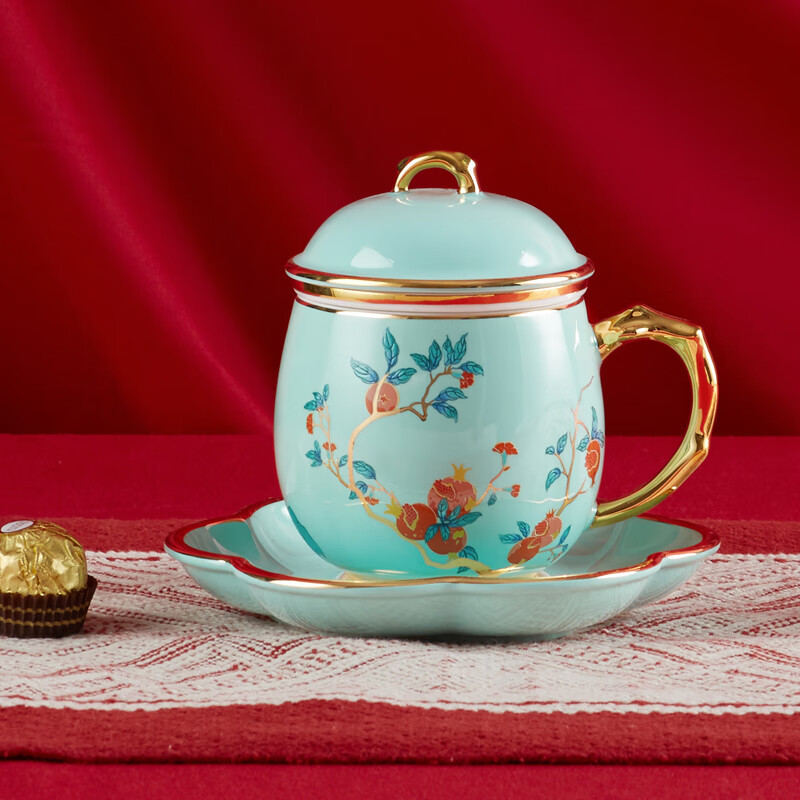 Gao Chun Ceramics 高淳陶瓷杯办公室泡茶陶瓷过滤带盖杯子珐琅描金骨瓷滤茶杯350ml