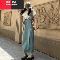 YIBUSHENG装茶系穿搭一整套女装大码胖mm韩系牛仔背带连衣裙洋气减龄套背 2XL建议体重141-160斤 牛仔背带裙