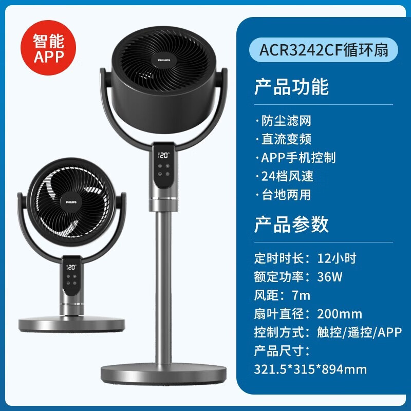 飞利浦(PHILIPS)空气循环扇家用电风扇3D自动摇头直流变频轻音立式智能遥控定时落地扇换气扇 ACR3242CF高清大图