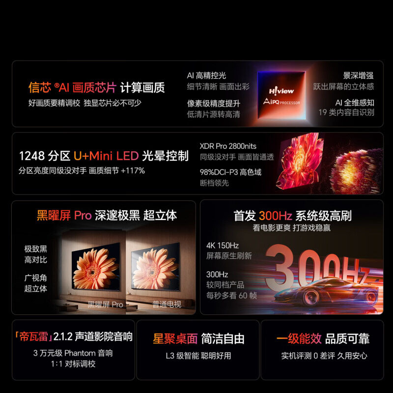 海信电视小墨 100E5Q Pro 100英寸1248分区U+MiniLED信芯芯片极黑抗反光黑曜屏Pro 高刷高清大图