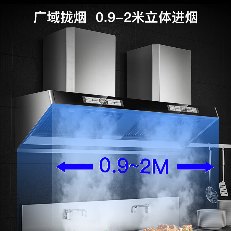 美娇好太太商用油烟机油烟分离侧吸式1.8米双电机不锈钢油烟罩大吸力农村柴火灶饭店厨房炸鸡店大功率排烟罩