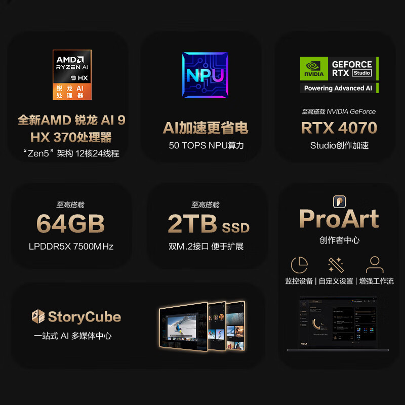 华硕 华硕ProArt创16 2024款锐龙AI 9 HX370 4K触控屏电脑 64G内存 2T固态 RTX4070独显