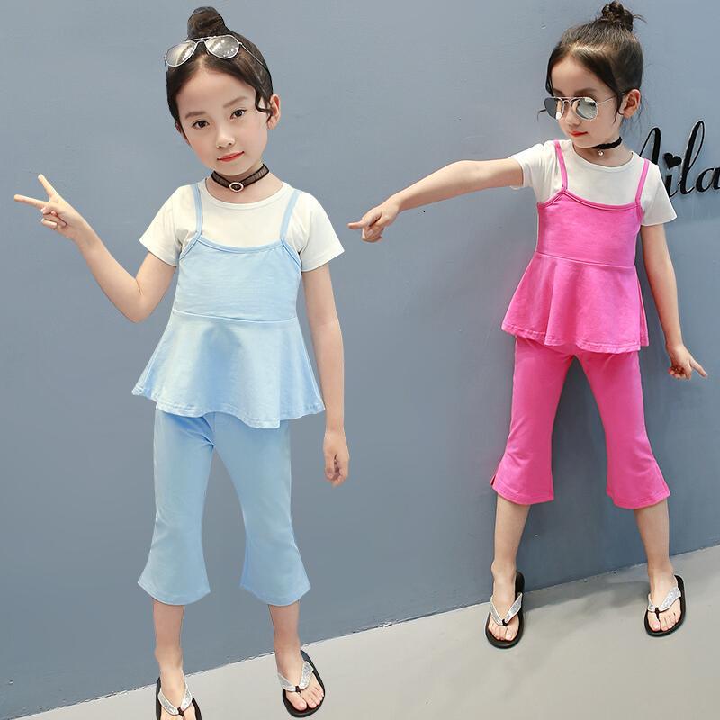 童装2018新款夏装儿童两件套休闲短袖中大童女孩衣服时尚女童套装