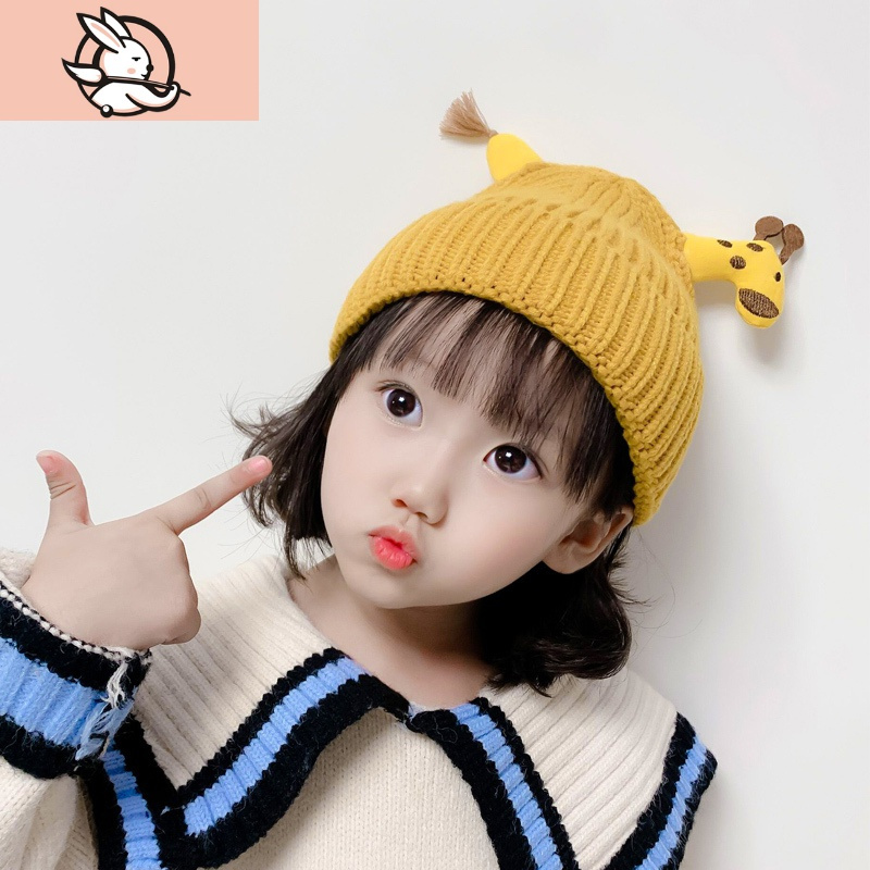 huayangtu宝宝帽子秋冬男童长颈鹿卡通针织帽儿童可爱毛线帽冬季女童
