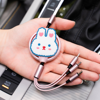爱心耳朵白兔数据线-粉 数据线三合一安卓手机车载一拖三伸缩通用充电线可爱卡通