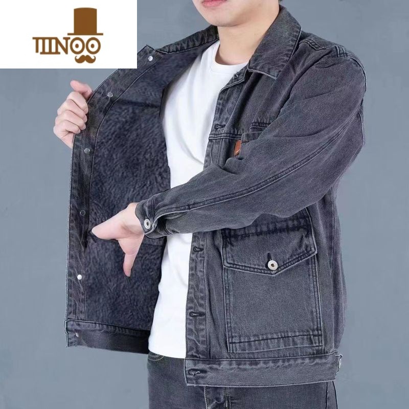 YANXU加绒加厚牛仔外套男保暖耐磨挡风冬季中年男士大码宽松牛仔衣夹克高清大图