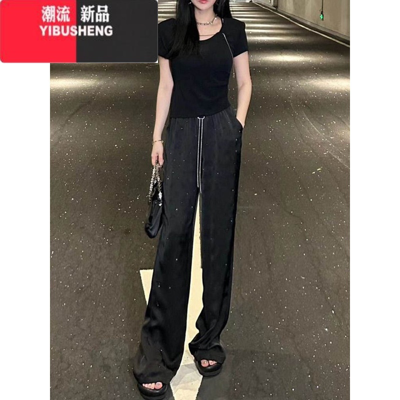 YIBUSHENG醋酸缎面阔腿裤女季加长高腰显瘦直筒裤烫钻印花垂感拖地休闲拖高清大图