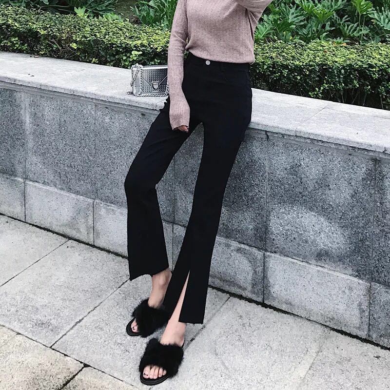 黑色微喇九分裤夏季2018新款女裤高腰裤子学生chic风喇叭裤女春秋