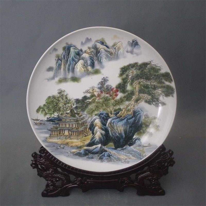 美帮汇景德镇仿古陶瓷乾隆粉彩山水风景盘家居装饰展柜客厅卧室中式摆件