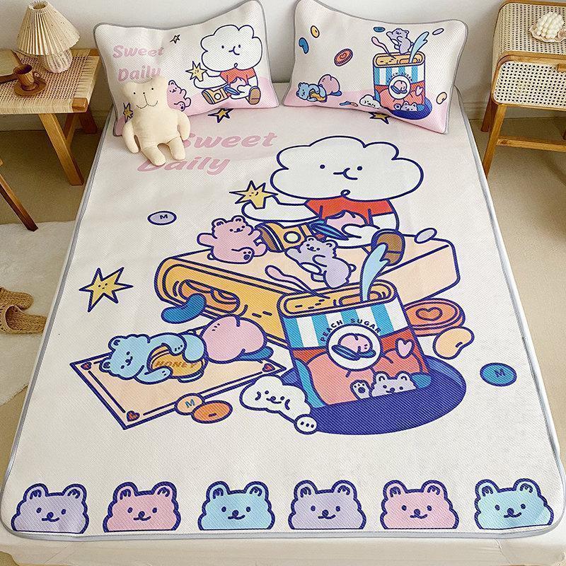 美帮汇风可水洗冰丝凉席少女心天丝空调软席1.8m1.5米双人床席子折叠 罐头熊-2020年升级款 1.8m（6英尺）床