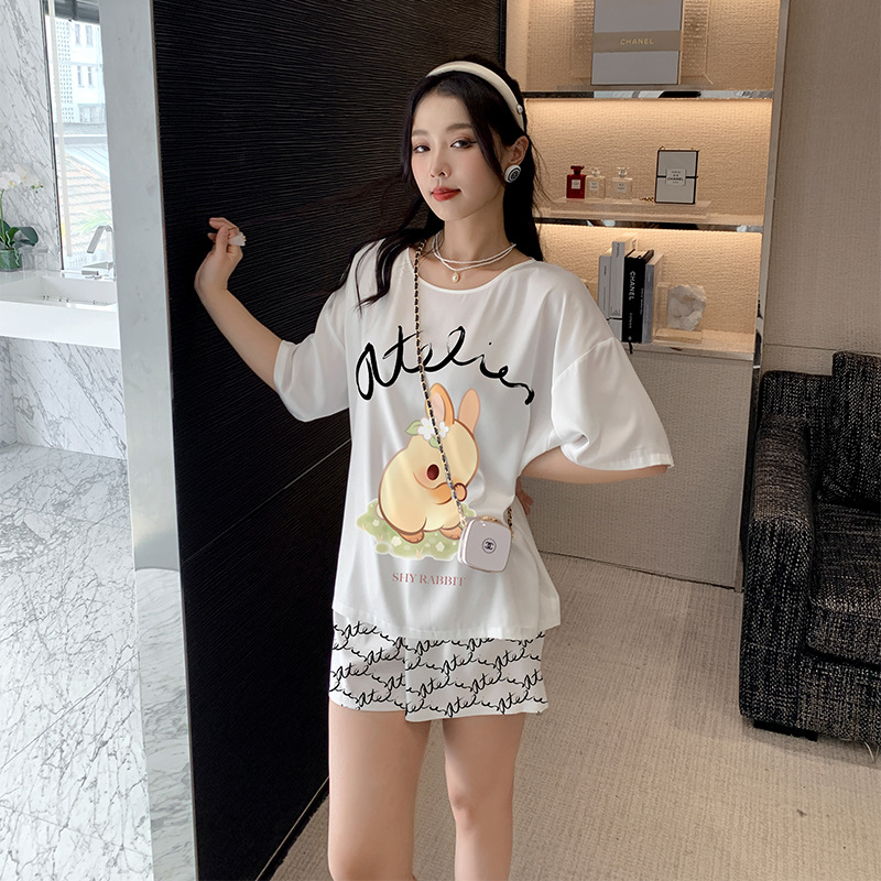 Ceba睡衣女夏季丝绸冰丝可爱害羞兔短袖短裤两件套薄款家居服