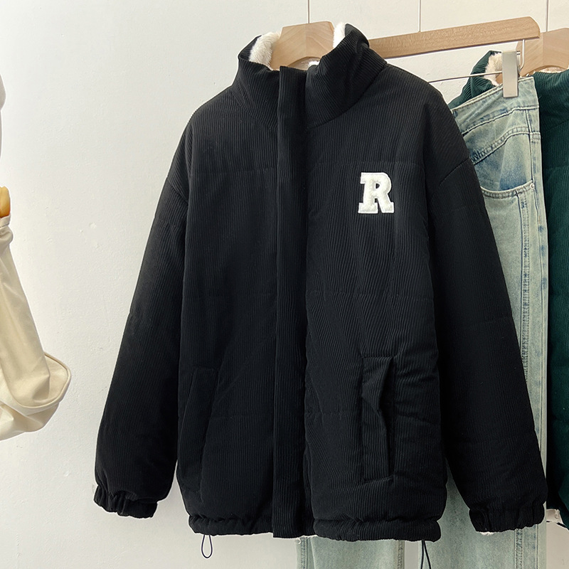 双面穿羊羔毛棉服女冬季灯芯绒棉衣潮流百搭加绒加厚保暖棉袄外套_672723 黑色 M