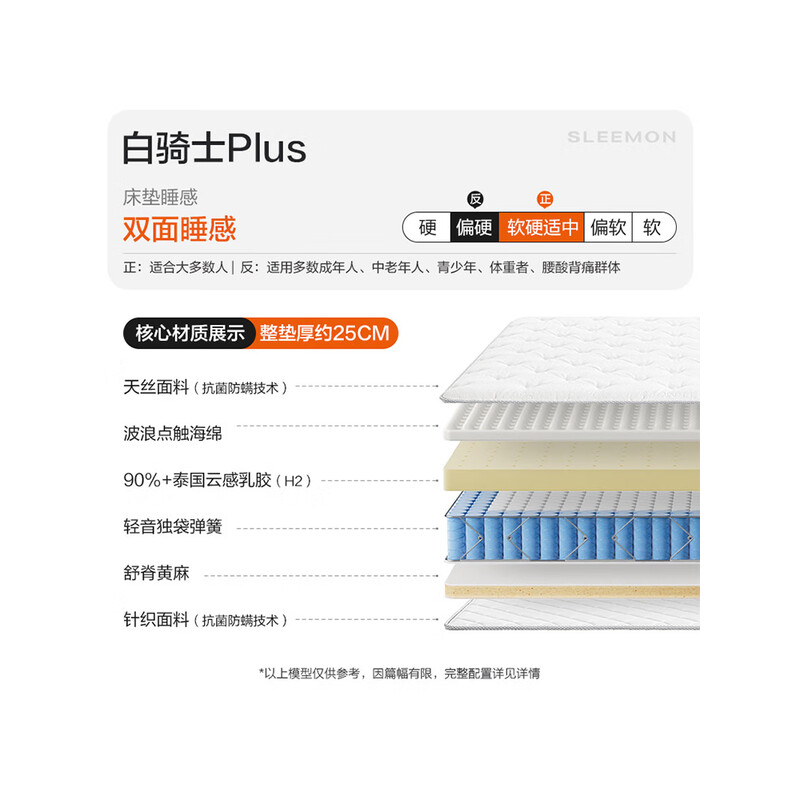 喜临门-白骑士plus 2cm乳胶独袋弹簧床垫舒脊黄麻床垫 软硬适中 白骑士plus【25cm/软硬适中】 150*190cm
