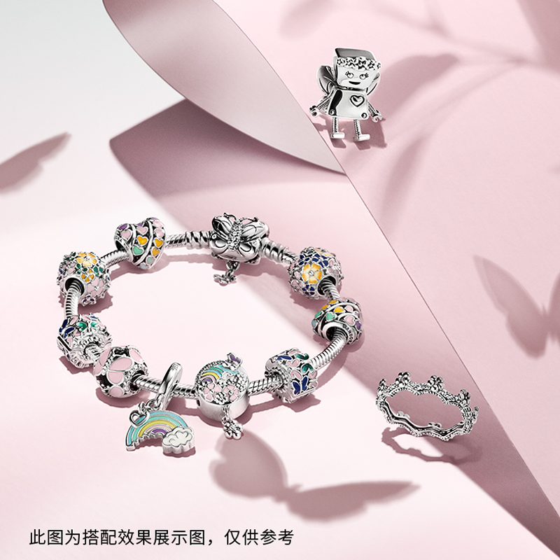 潘多拉pandora 925银串饰典雅时尚花环797907ENMX串珠饰品女 粉色可搭配手链项链