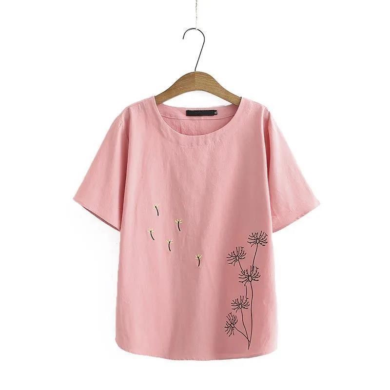 仿棉麻短袖t恤女妈妈装宽松2022夏季新款文艺绣花中年大码女上衣 莎丞
