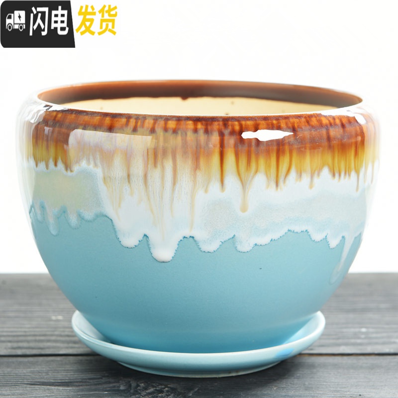 三维工匠花盆陶瓷大号特大带托盘简约家用创意吊兰绿萝小多肉花盆 S1苹果孔雀绿单个 中等花盆容器高清大图