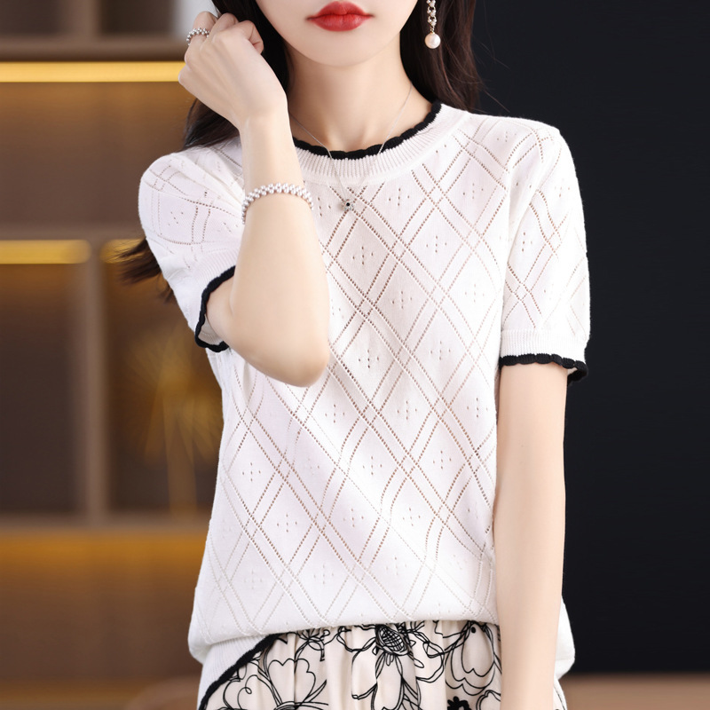 夏季女装上衣镂空针织短袖棉质女T恤女圆领背心拼色勾花