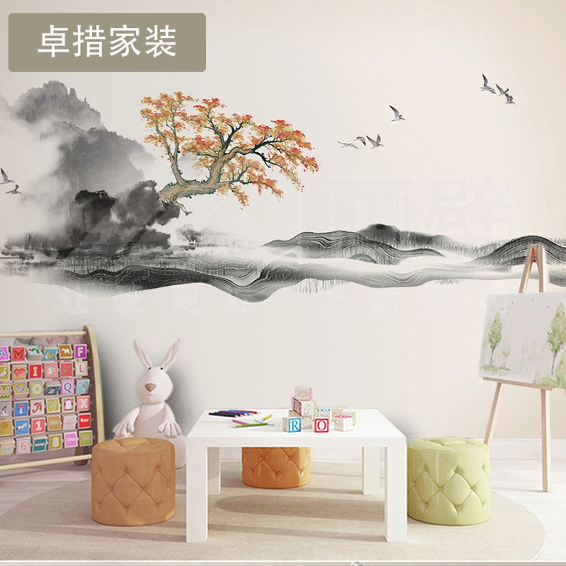 新中式墙纸客厅影视墙水墨山水装饰画中国风禅意山水画墙布壹德壹