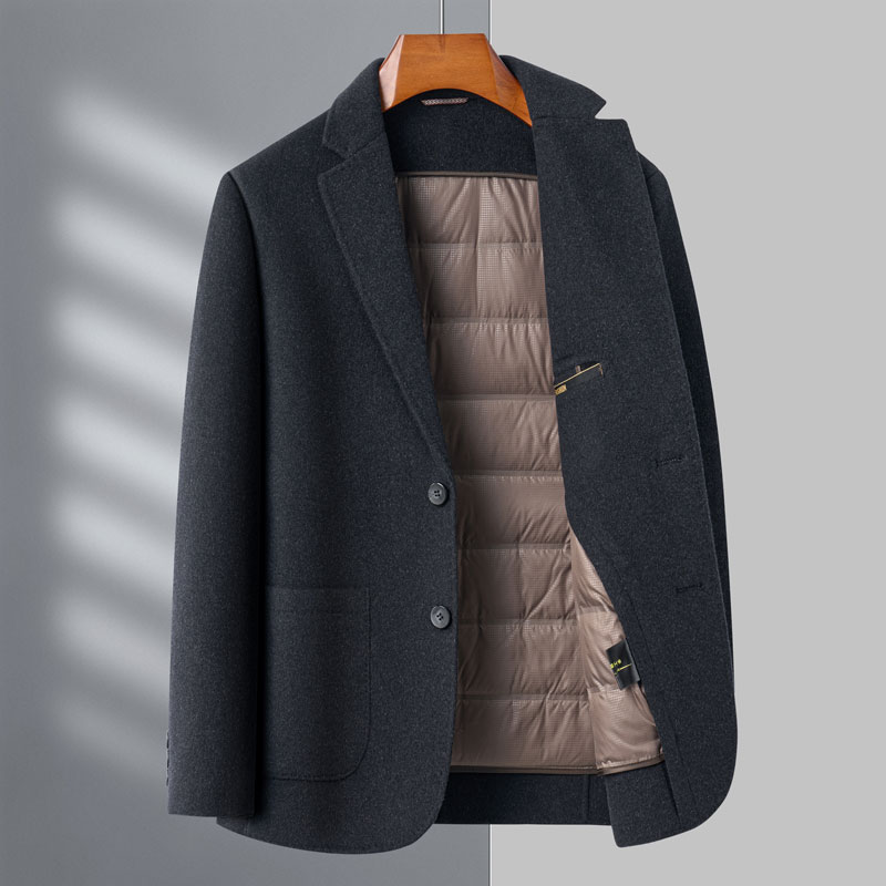 双面呢羊绒大衣可拆卸鹅绒羽绒内胆翻领羊绒呢子连帽双面呢羊绒大衣爸爸保暖秋冬装纯羊毛西装外套冬装新款毛呢外套潮大码男装 长款/黑色（绒毛内胆+狐狸毛领 2XL