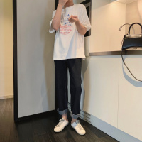 梵克公牛新款设计感拼边牛仔裤男宽松韩版潮流百搭休闲裤子 藏蓝色