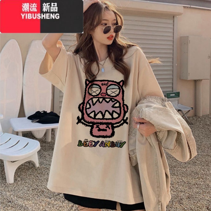 YIBUSHENG趣味卡通t恤女港味chic大码设计感短袖复古慵懒风ins潮上通高清大图