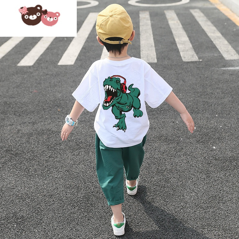 绿彩虹光2022新款童装男童套装夏装时尚中大童儿童韩版帅气休闲短袖两件套