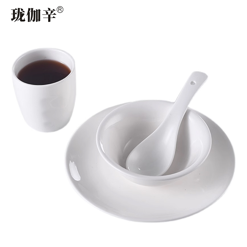 珑伽辛 白色陶瓷餐具饭碗茶杯骨碟小汤勺 四件套/套高清大图
