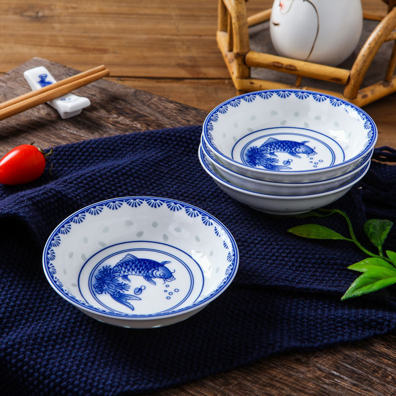 lichen景德镇青花玲珑陶瓷餐具清雅古典釉中彩年年有余碗盘勺碟子套装