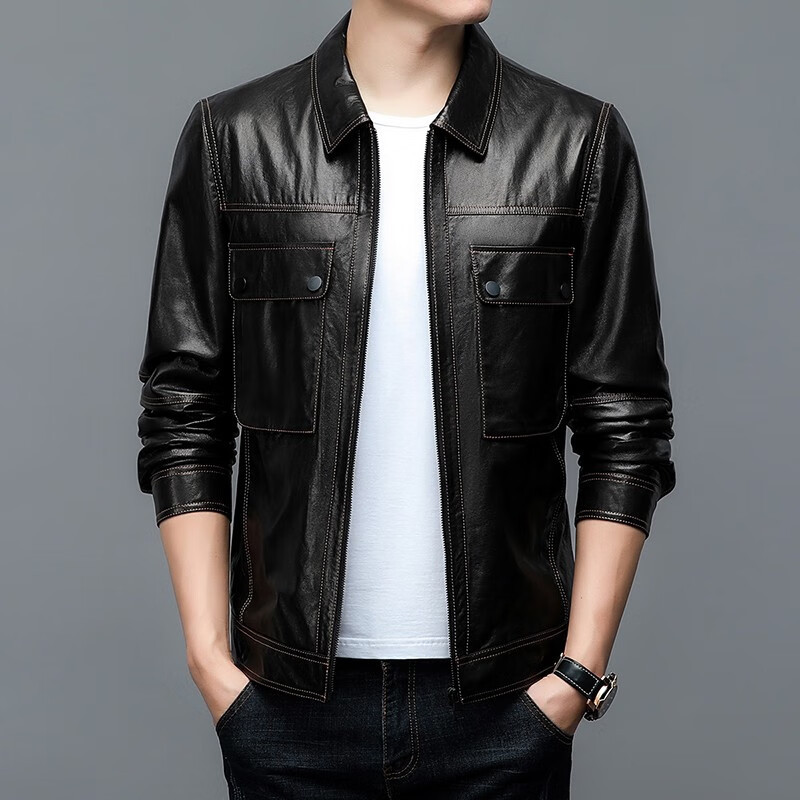 斯哲维世旗舰店轻奢品牌高端真皮皮衣男工装潮流皮夹克春秋季新款翻领