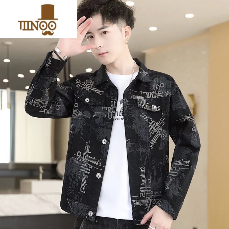 YANXU2023秋季字母印花牛仔外套男士潮牌宽松百搭韩版翻领夹克休闲上衣高清大图